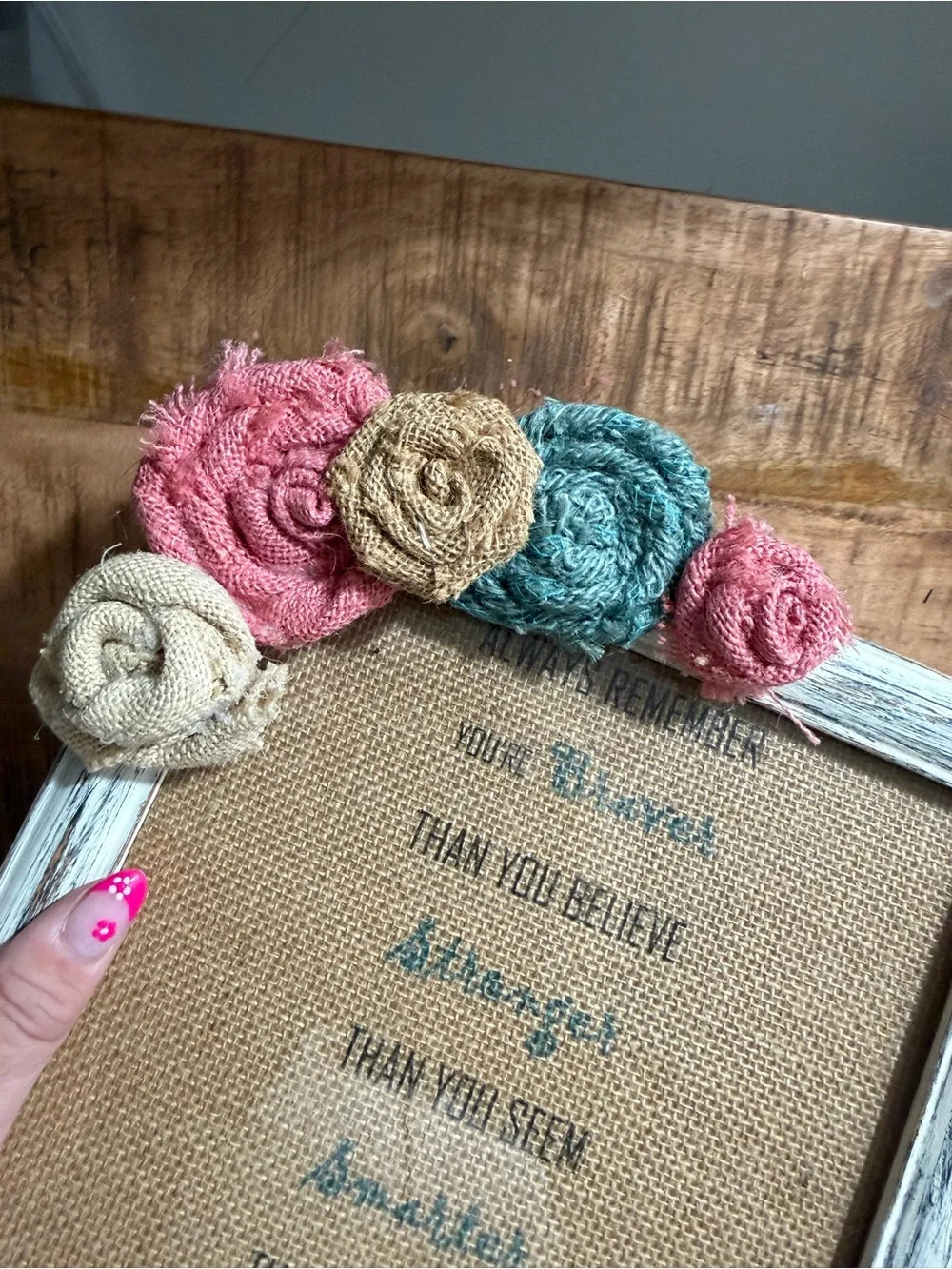 Rustic White Frame with Pink, Teal‎ and Beige Burlap Flowers -